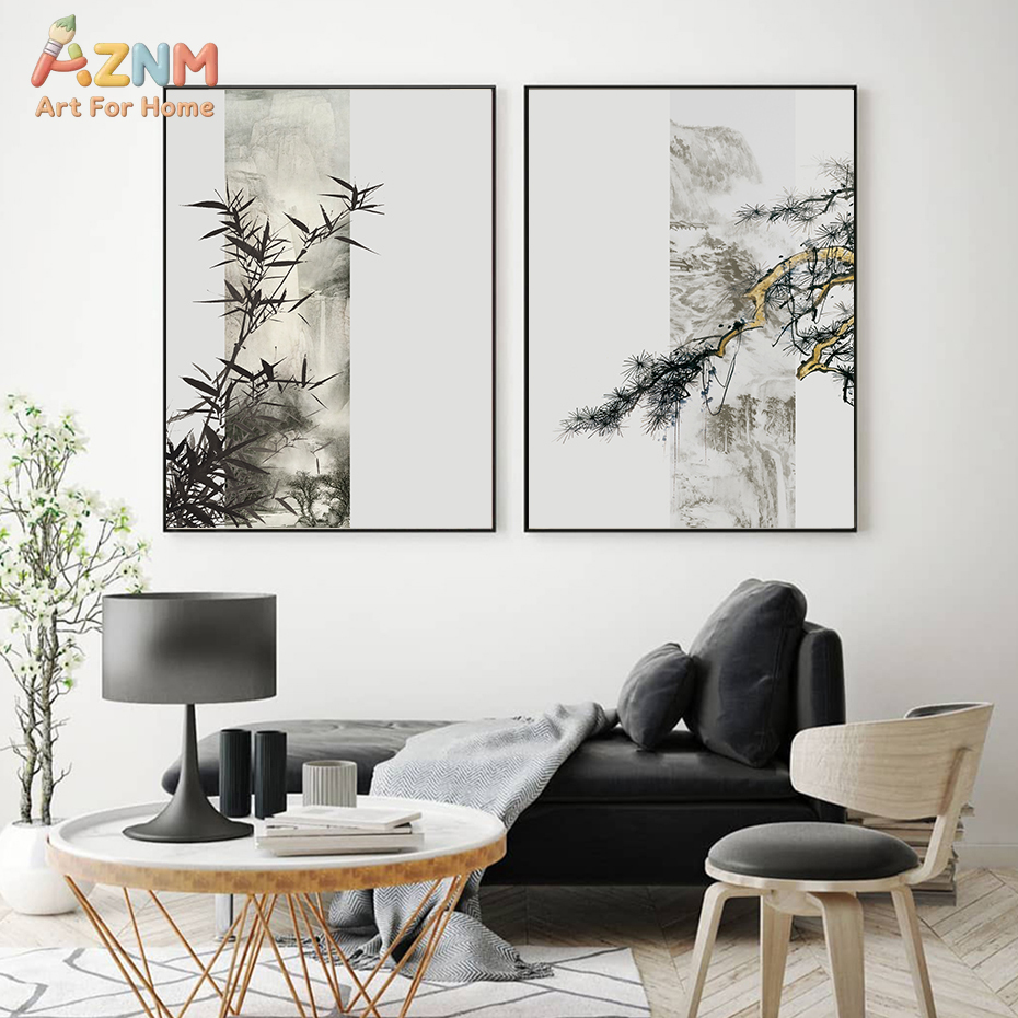 AZNM 중국 잉크 대나무 소나무 산 캔버스 벽 예술, - Home Decor Zen 리뷰 및 가격