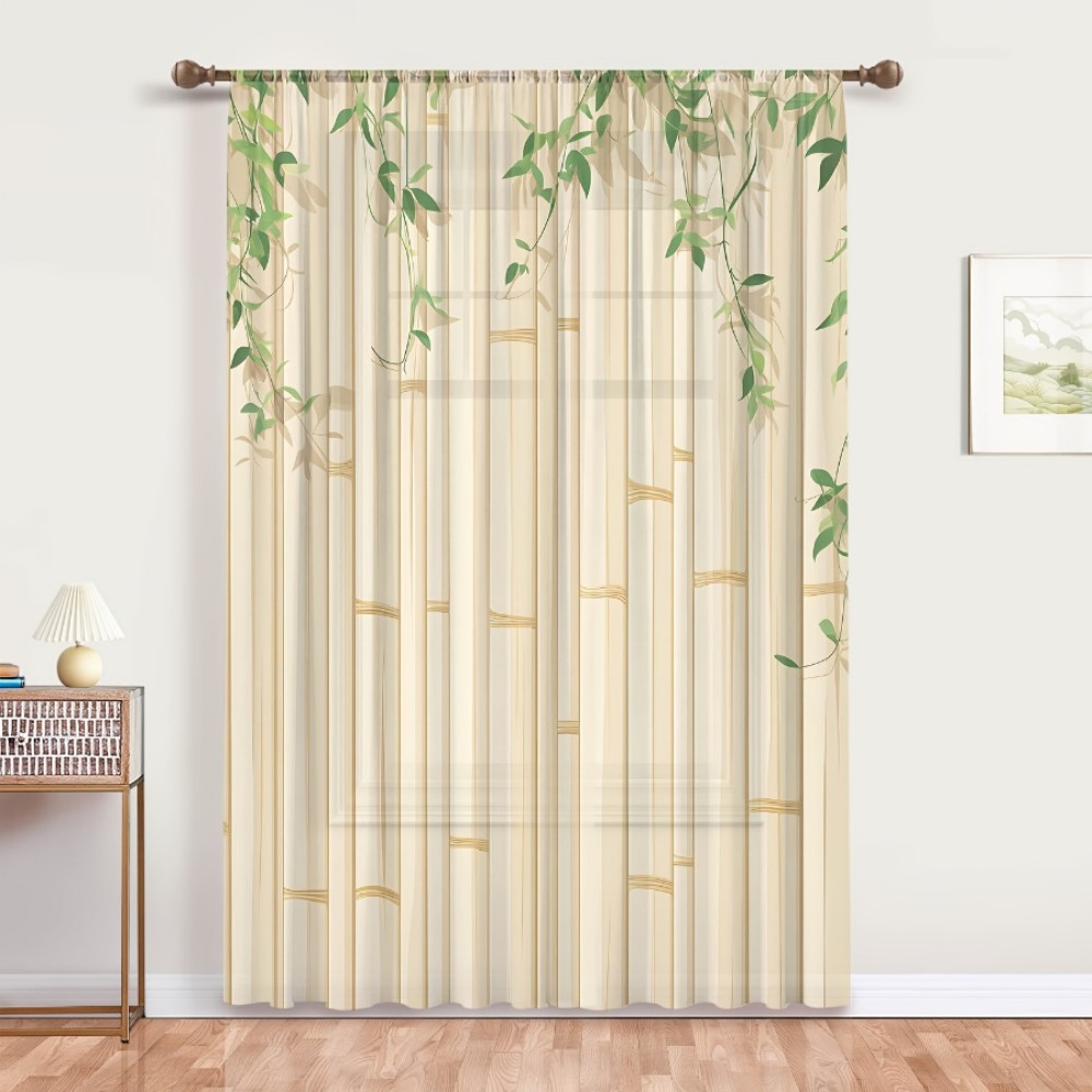 1PC 시어 커튼 대나무 녹색 잎 베이지 프린트, 거실 - Home Decor Zen 리뷰 및 가격