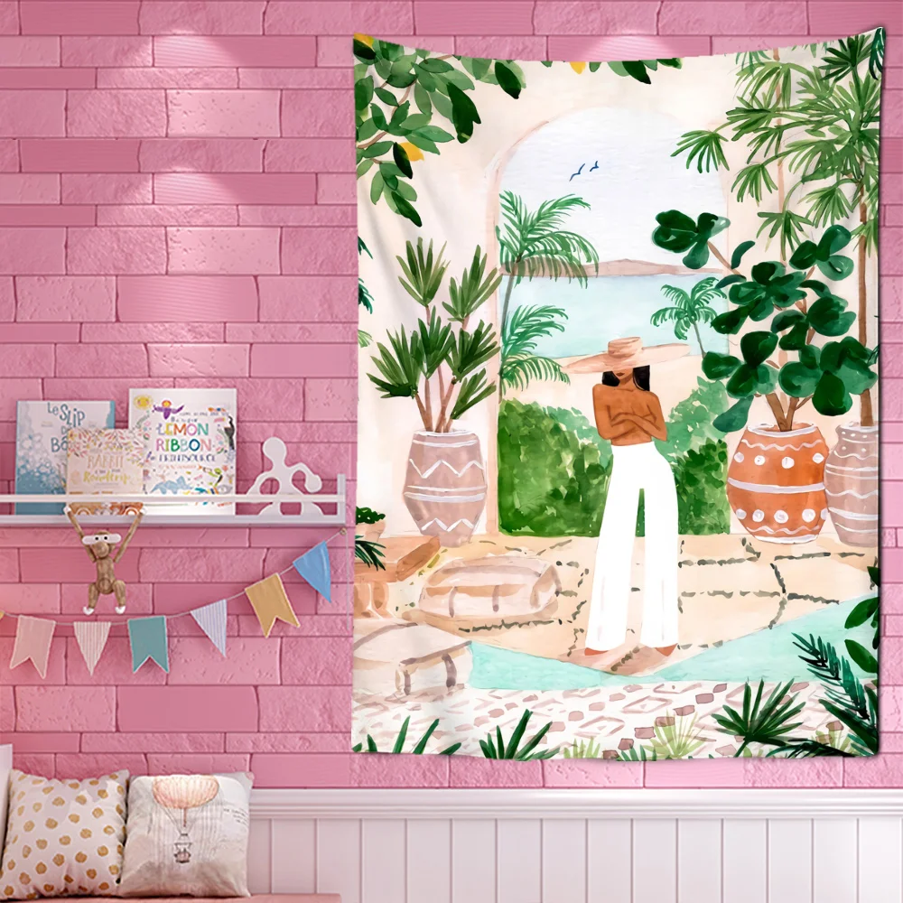열대 녹색 식물 소녀 벽걸이 보호 스타일, 사이키델릭  - Home Decor Yoga 리뷰 및 가격